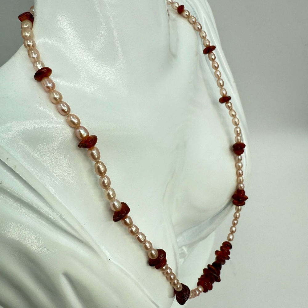Genuine Amber & Freshwater Pearl Necklace – 18” - Picture 4 of 17